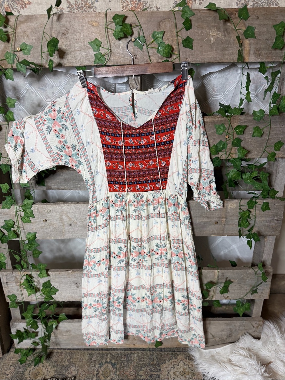 Reborn J Cream Boho Dress with Red Embroidered Yoke